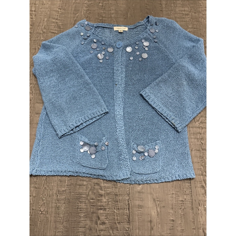 Vintage Y2K Coldwater Creek Tight Knit Blue Cardigan Sweater‎  shell accents XL